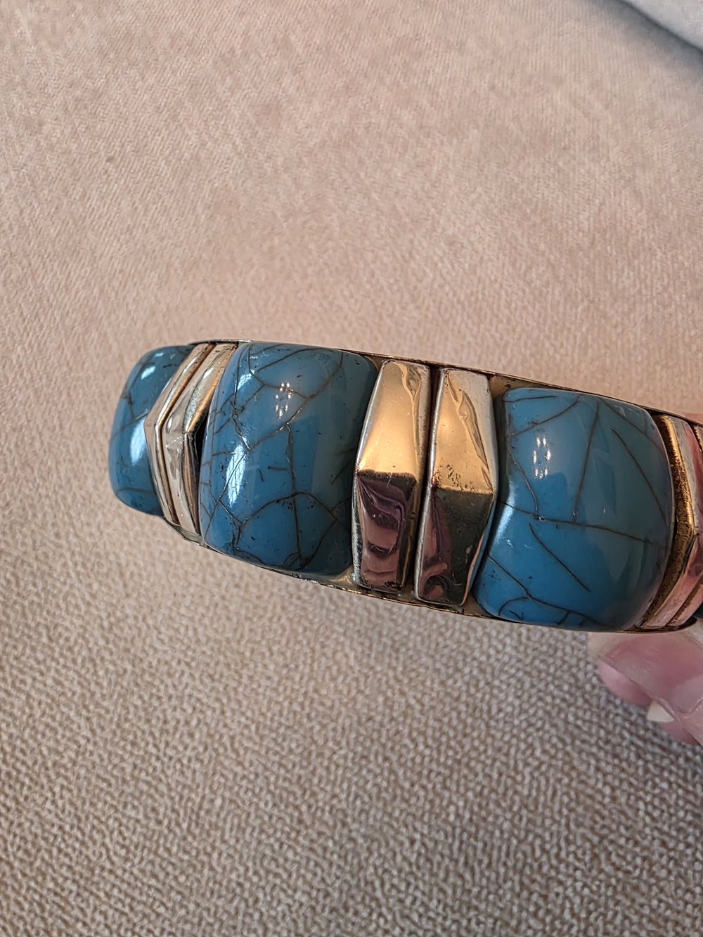 Turquoise Stone Chunky Bangle Bracelet Silver Tone Statement Cuff - Picture 7 of 7